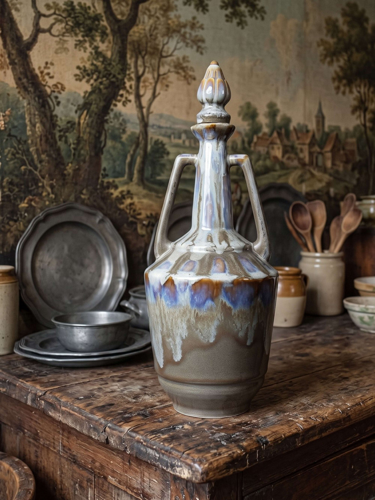 Vintage Keramikflasche mit Stöpsel, flambierte Glasur, Frankreich