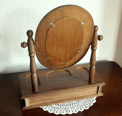 Vintage Schminkspiegel aus Holz und Glas mit Schublade