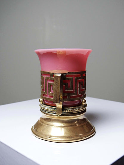 Vintage Kerzenhalter aus rosa Opalglas und vergoldetem Messing, 19. Jahrhundert