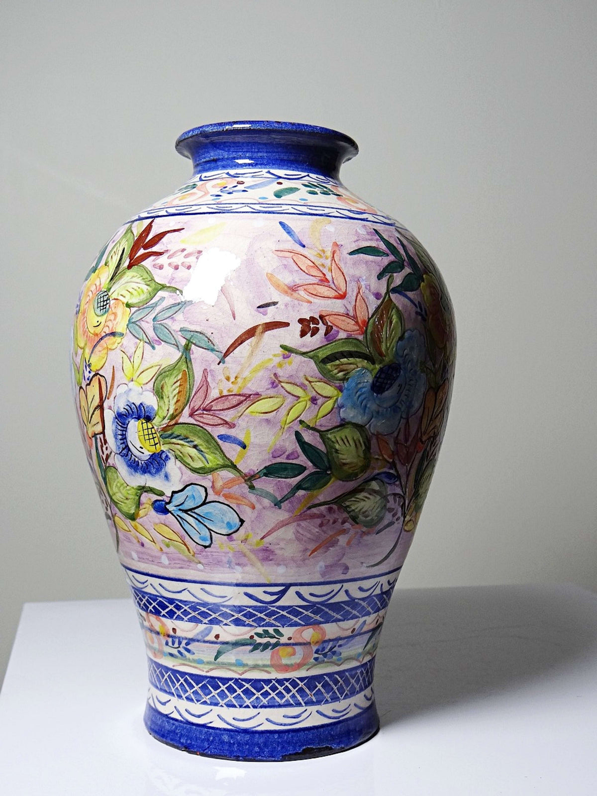 Vintage Vase Keramik handbemalt, Blumendekor, Portugal