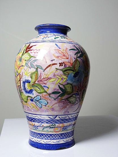 Vintage Vase Keramik handbemalt, Blumendekor, Portugal