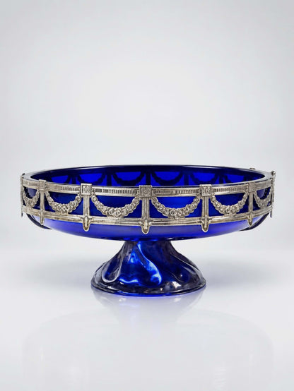 Vintage Schale aus Kobaltglas und versilbertem Metall, Louis XVI Stil, circa 1900-1920