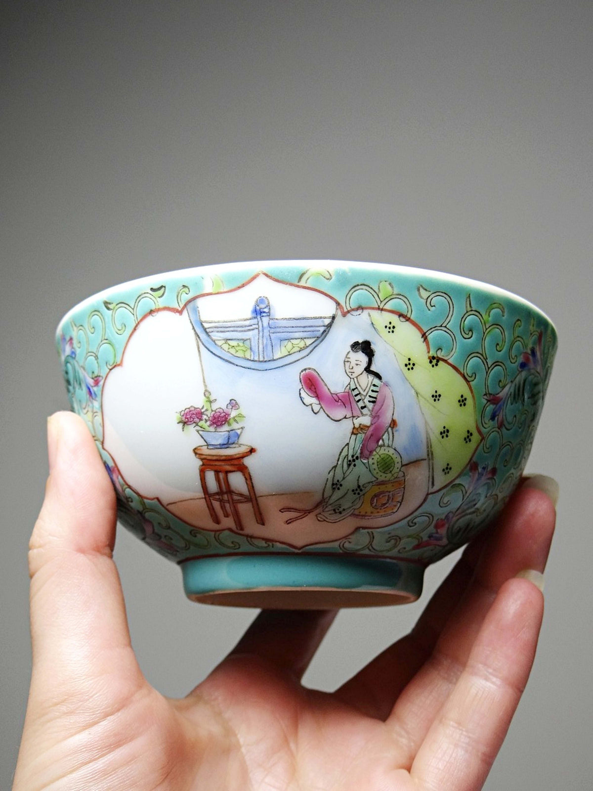 Vintage Porzellanschale Famille Rose Jingdezhen, Damen-Motiv 60er