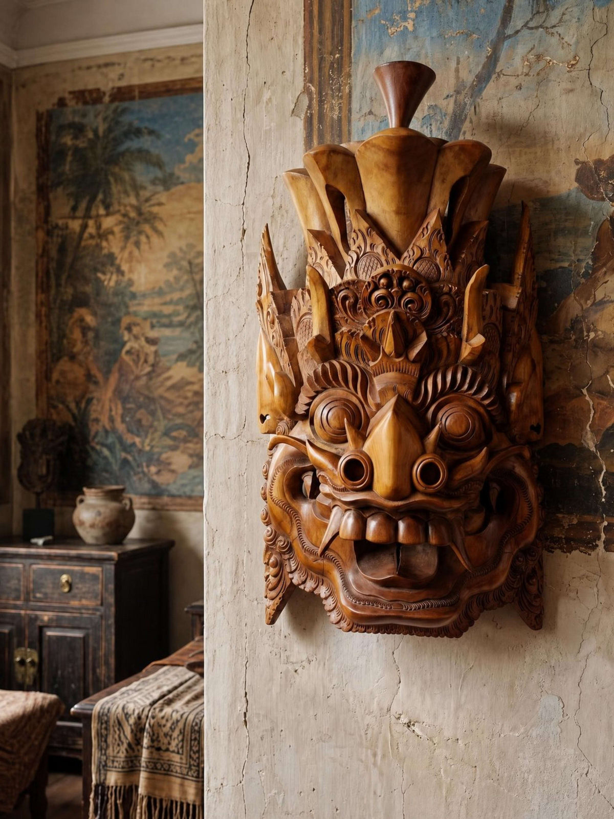 Vintage Wandmaske 'Barong' aus Holz, Bali handgeschnitzt