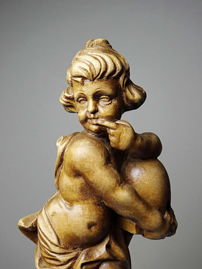 Vintage Skulptur Putto "Honigschlecker" nach Joseph Anton Feuchtmayer, Holz