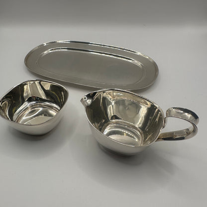 Quadratisches Silber-Servierset mit Tablett, Schale und Kännchen