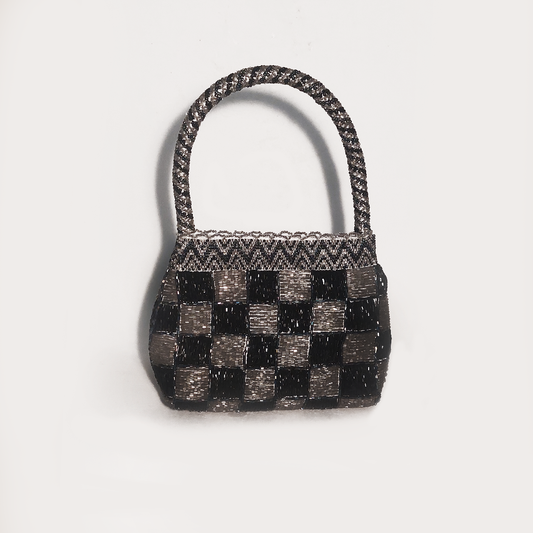 Vintage Tasche Schachbrettmuster Silber Schwarz