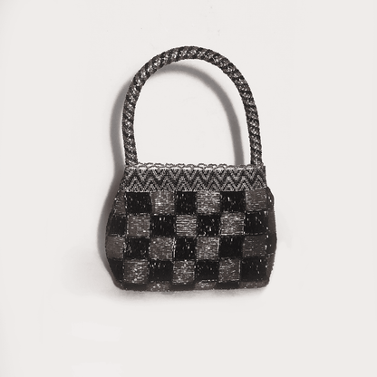Vintage Handtasche Damier aus Perlen in Silber und Schwarz