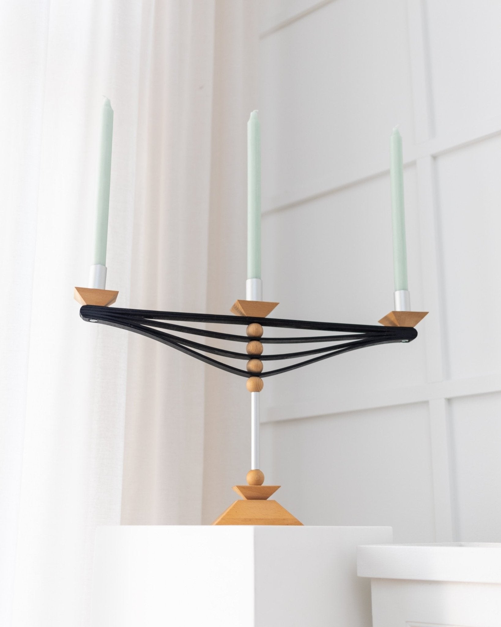 Vintage Kerzenhalter Set von 2 Naturholzton Silber Holz Aluminium Prototypen Made in Italy