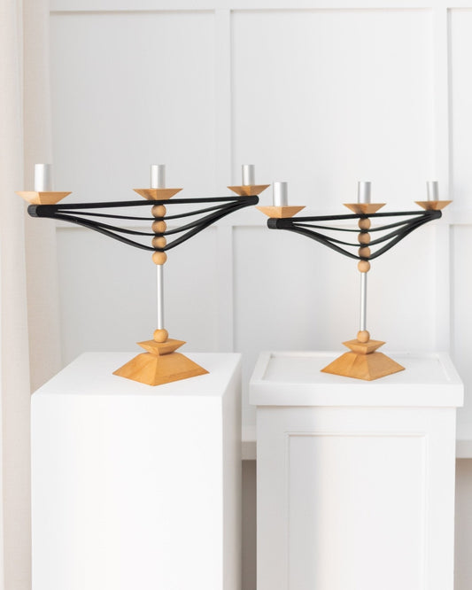 Vintage Kerzenhalter Set von 2 Naturholzton Silber Holz Aluminium Prototypen Made in Italy