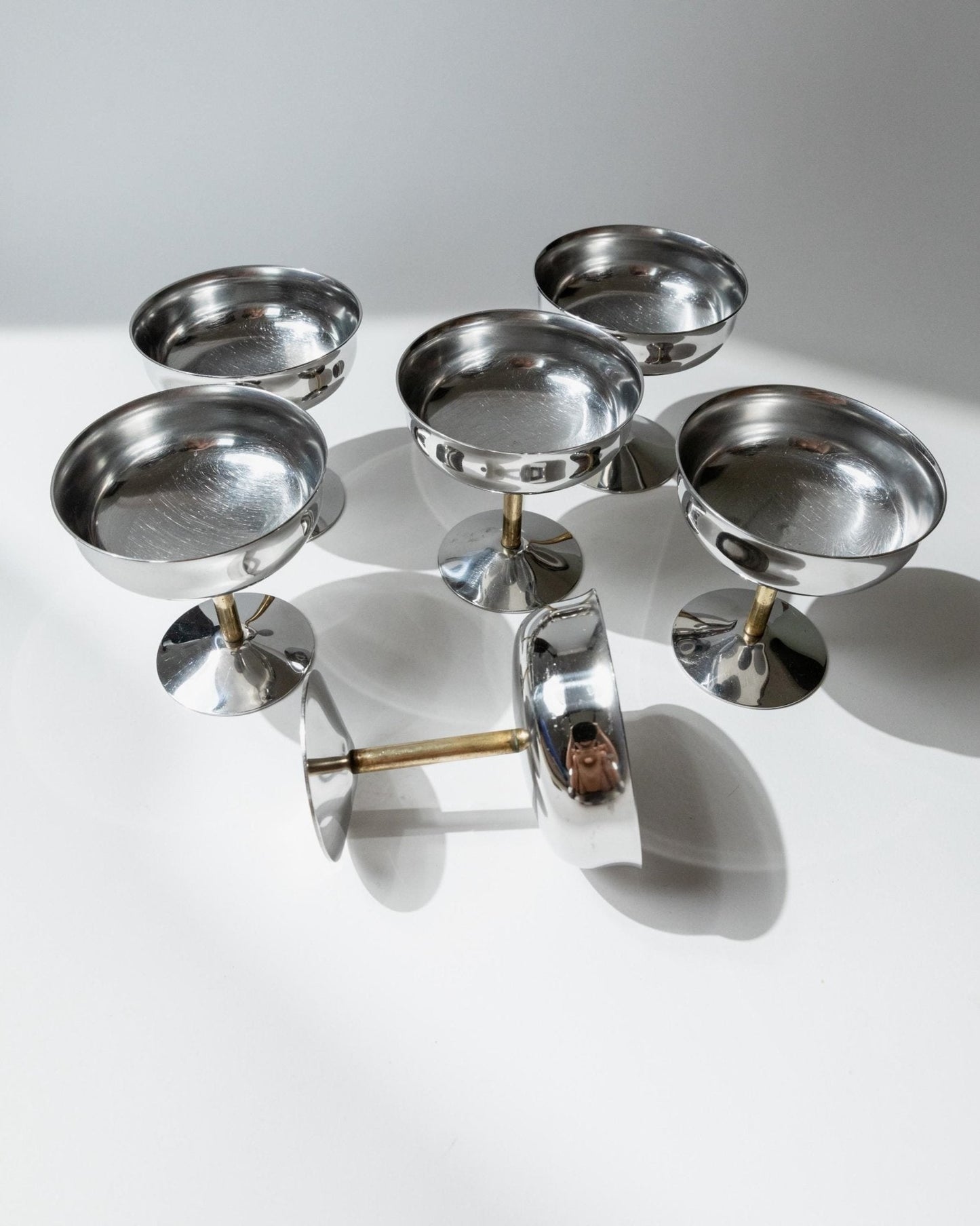 Vintage Champagnerschale Set von 6, Edelstahl mit goldenem Stiel, Italien, retro, Geschenkidee