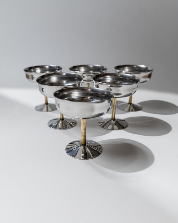 Vintage Champagnerschale Set von 6, Edelstahl mit goldenem Stiel, Italien, retro, Geschenkidee
