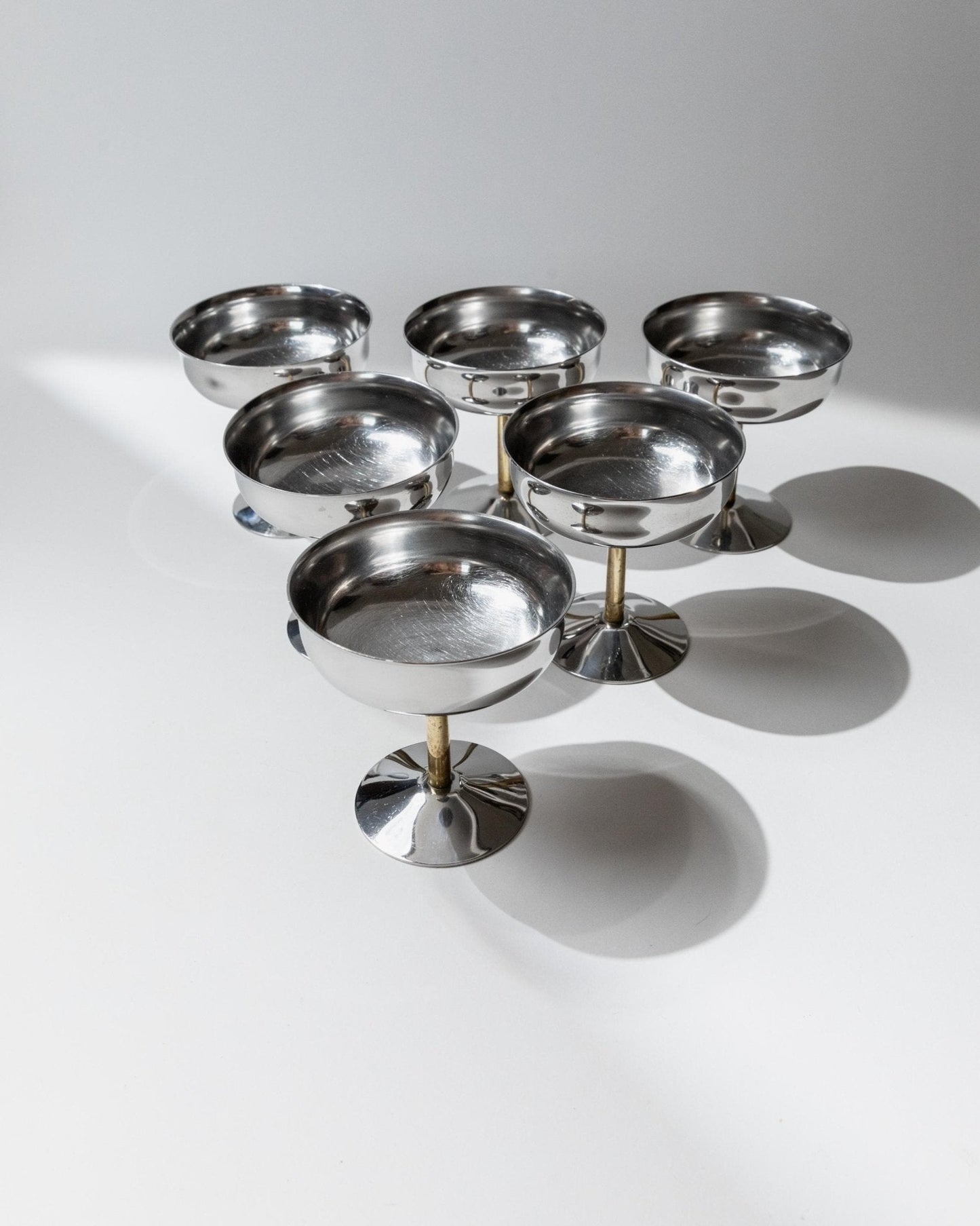 Vintage Champagnerschale Set von 6, Edelstahl mit goldenem Stiel, Italien, retro, Geschenkidee