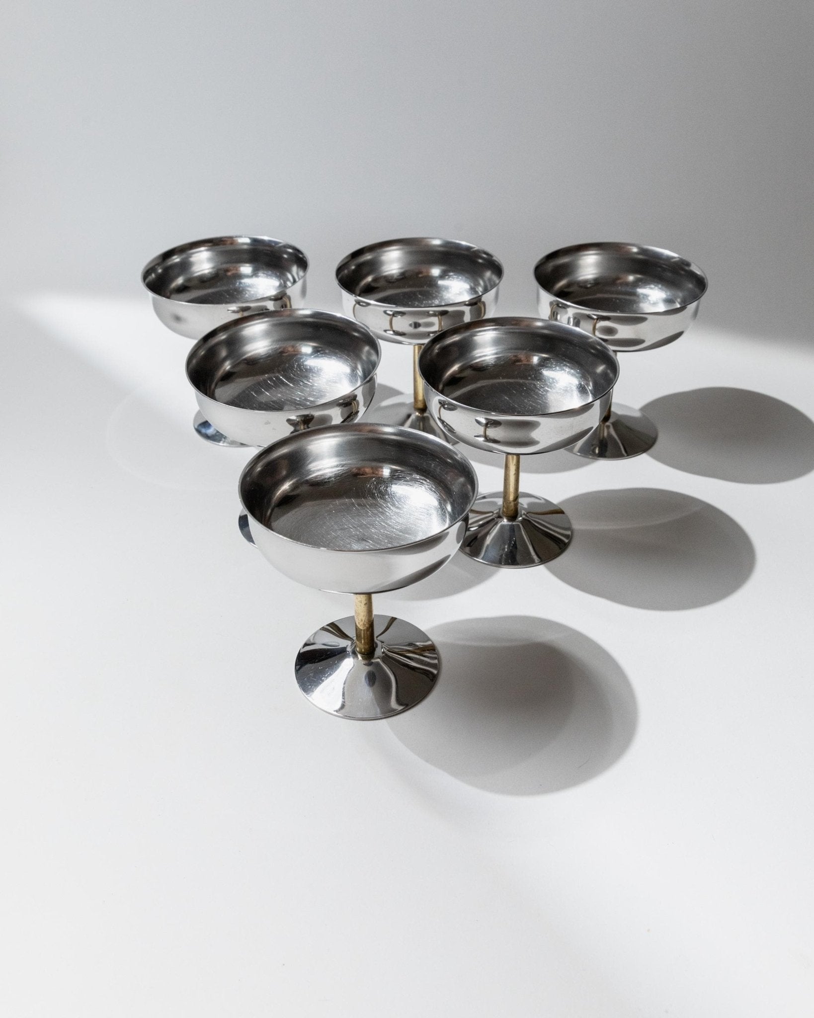Vintage Champagnerschale Set von 6, Edelstahl mit goldenem Stiel, Italien, retro, Geschenkidee