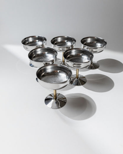 Vintage Champagnerschale Set von 6, Edelstahl mit goldenem Stiel, Italien, retro, Geschenkidee