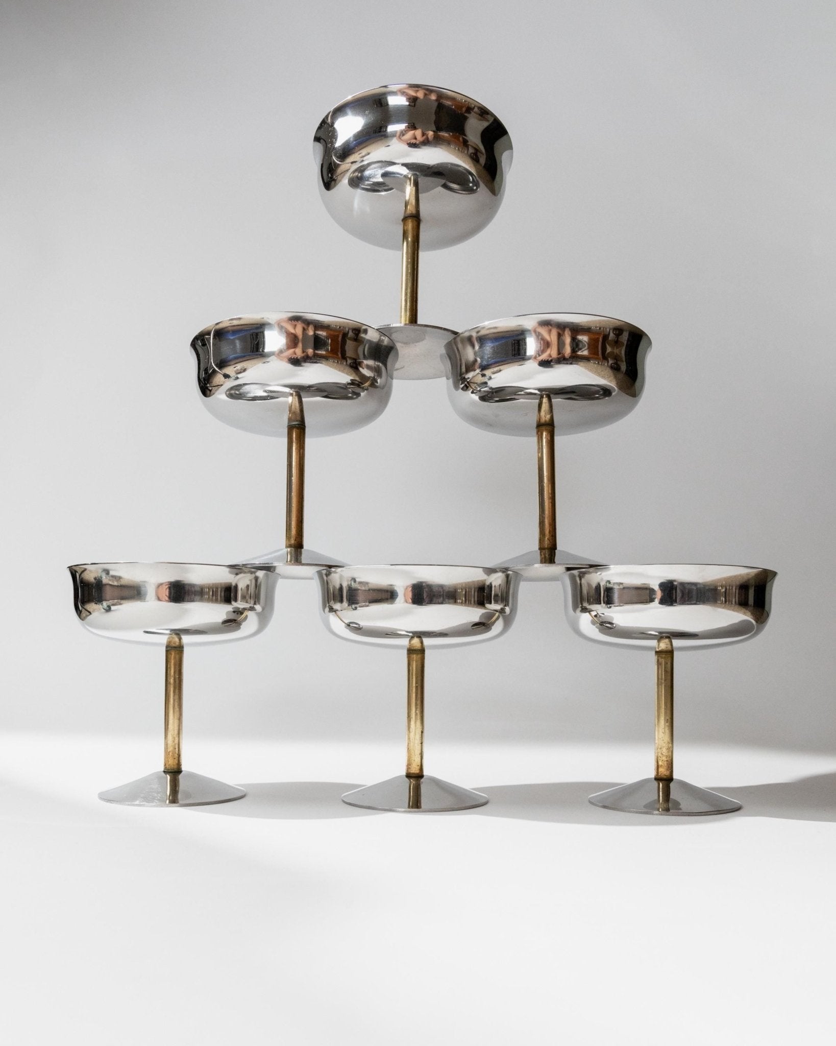 Vintage Champagnerschale Set von 6, Edelstahl mit goldenem Stiel, Italien, retro, Geschenkidee