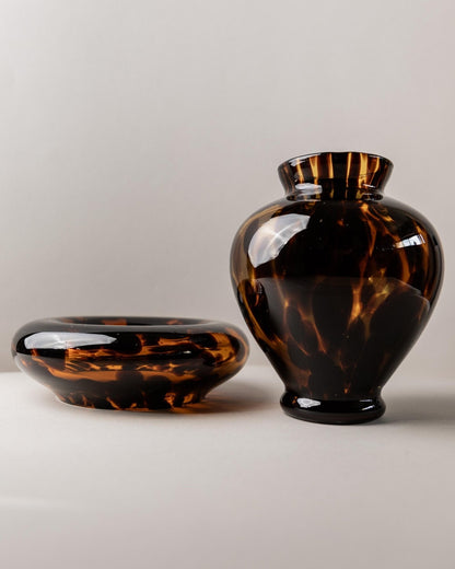Vintage Murano Glasvase und Schale Schildpatt Optik Italien 1980er