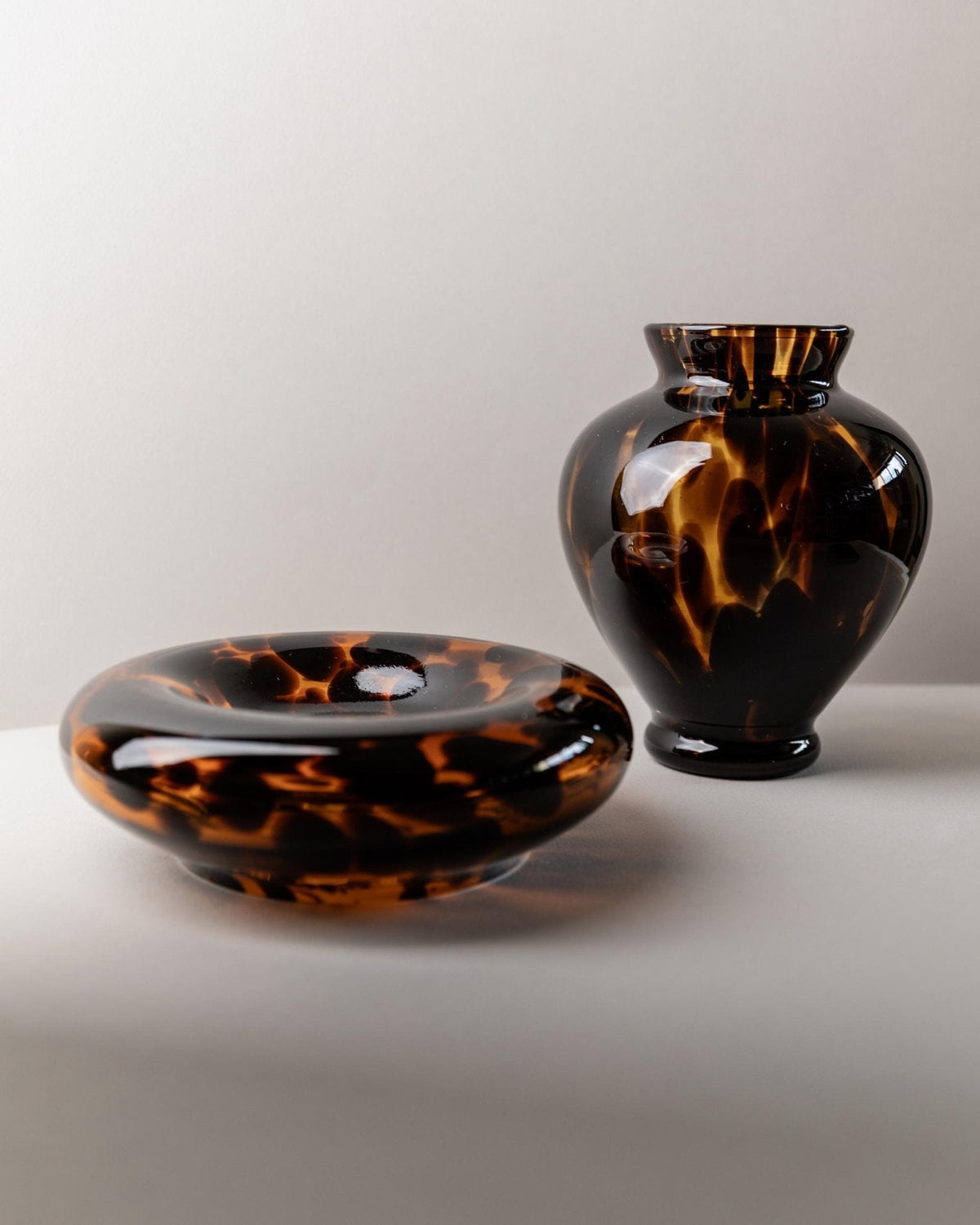 Vintage Murano Glasvase und Schale Schildpatt Optik Italien 1980er