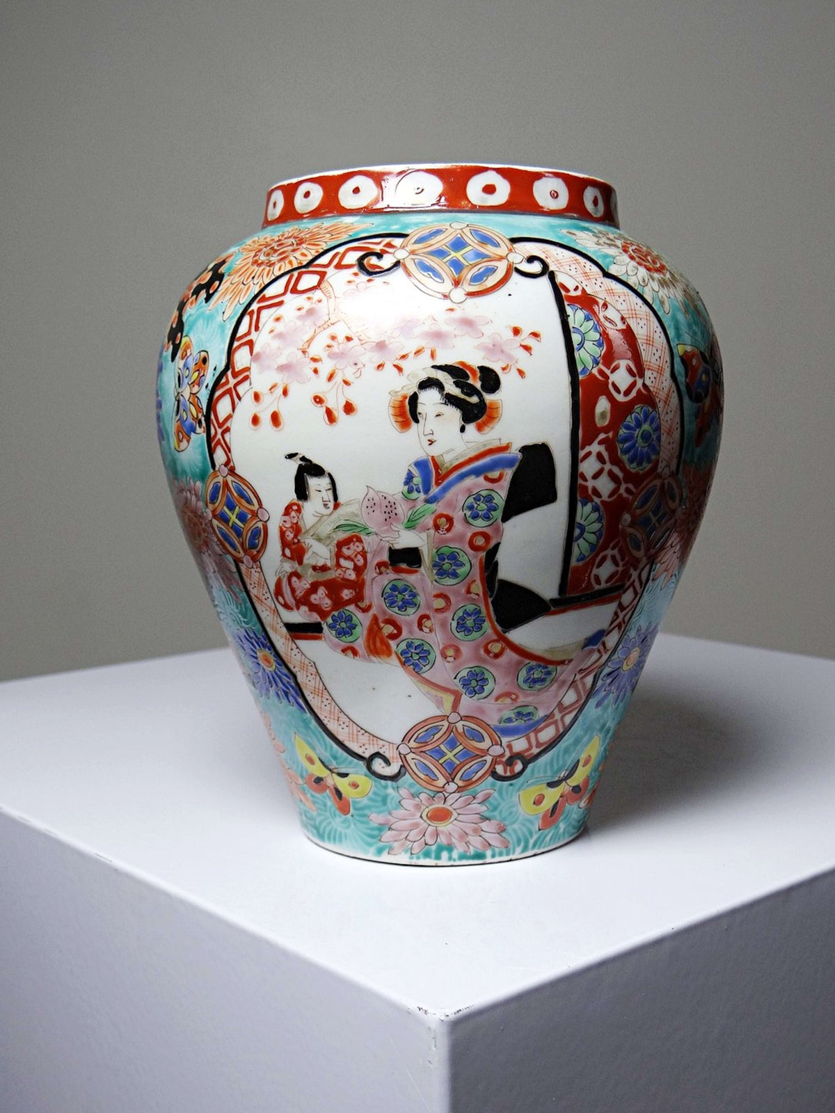 Vintage Vase Porzellan handbemalt, Meiji-Periode, Türkis und Gold