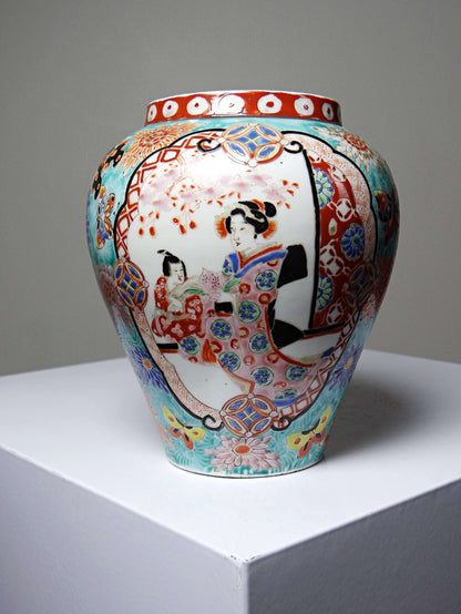Vintage Vase Porzellan handbemalt, Meiji-Periode, Türkis und Gold