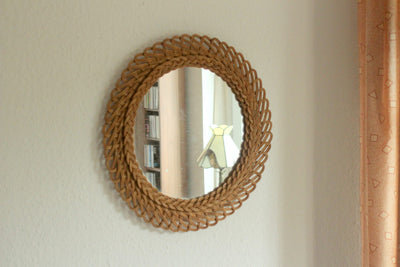 Vintage Sunburst Wall Mirror in Woven Willow