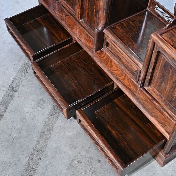 Vintage Teeregal aus Kakiholz mit Schubladen