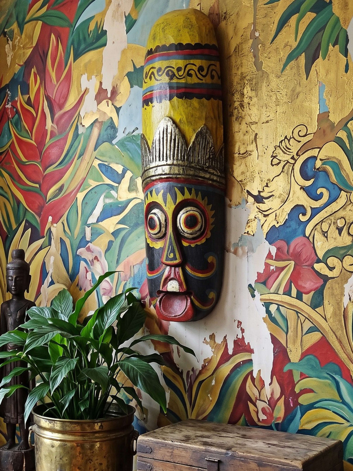 Vintage Wandmaske Bali, Holz handbemalt, Indonesien 1970er