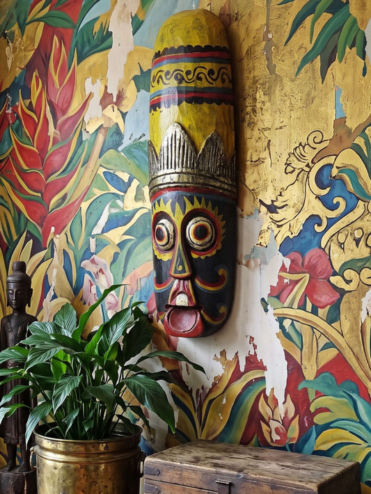 Vintage Wandmaske Bali, Holz handbemalt, Indonesien 1970er