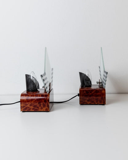 Lampe de table vintage en verre de Murano, support sculptural en métal marron, Italie, années 1980, lot de 2