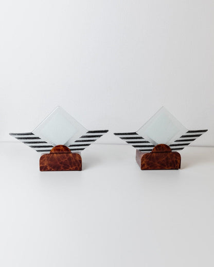 Lampe de table vintage en verre de Murano, support sculptural en métal marron, Italie, années 1980, lot de 2