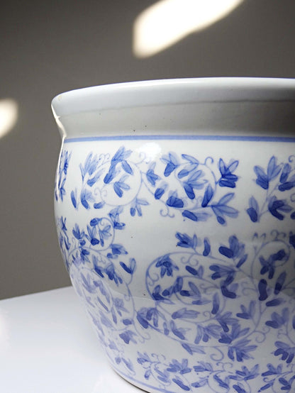 Vintage Übertopf Porzellan blau-weiß mit Blütendekor, China