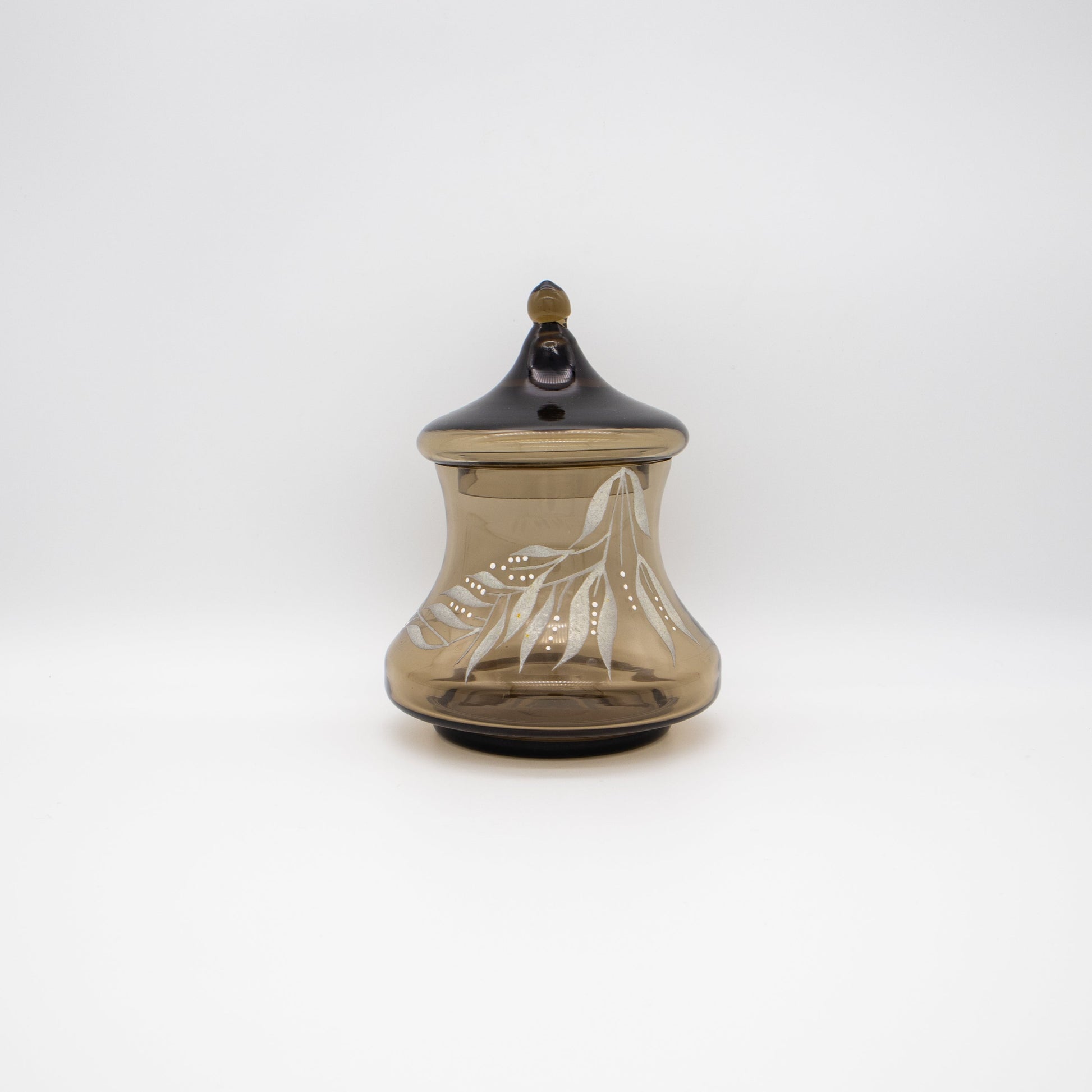 Vintage Bonbonniere Rauchglas handbemalt, Mid-Century