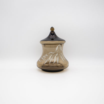 Vintage Bonbonniere Rauchglas handbemalt, Mid-Century