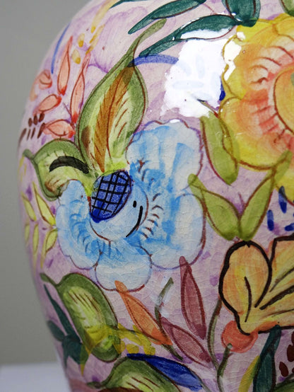 Vintage Vase Keramik handbemalt, Blumendekor, Portugal