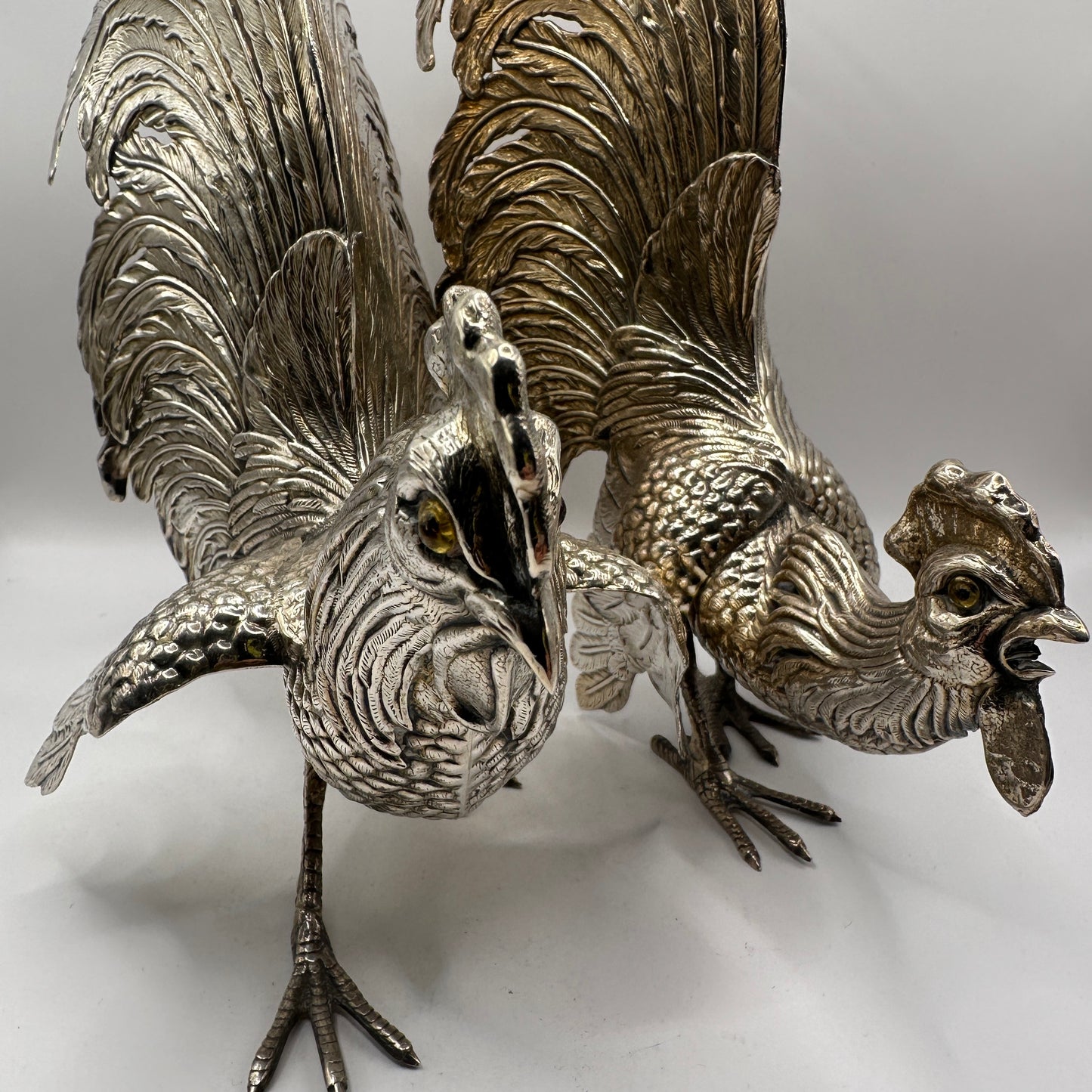 Vintage Silberfigur Set von 2 Hahn und Henne, fein graviert, massiv, dekorativ, Sammlerobjekt