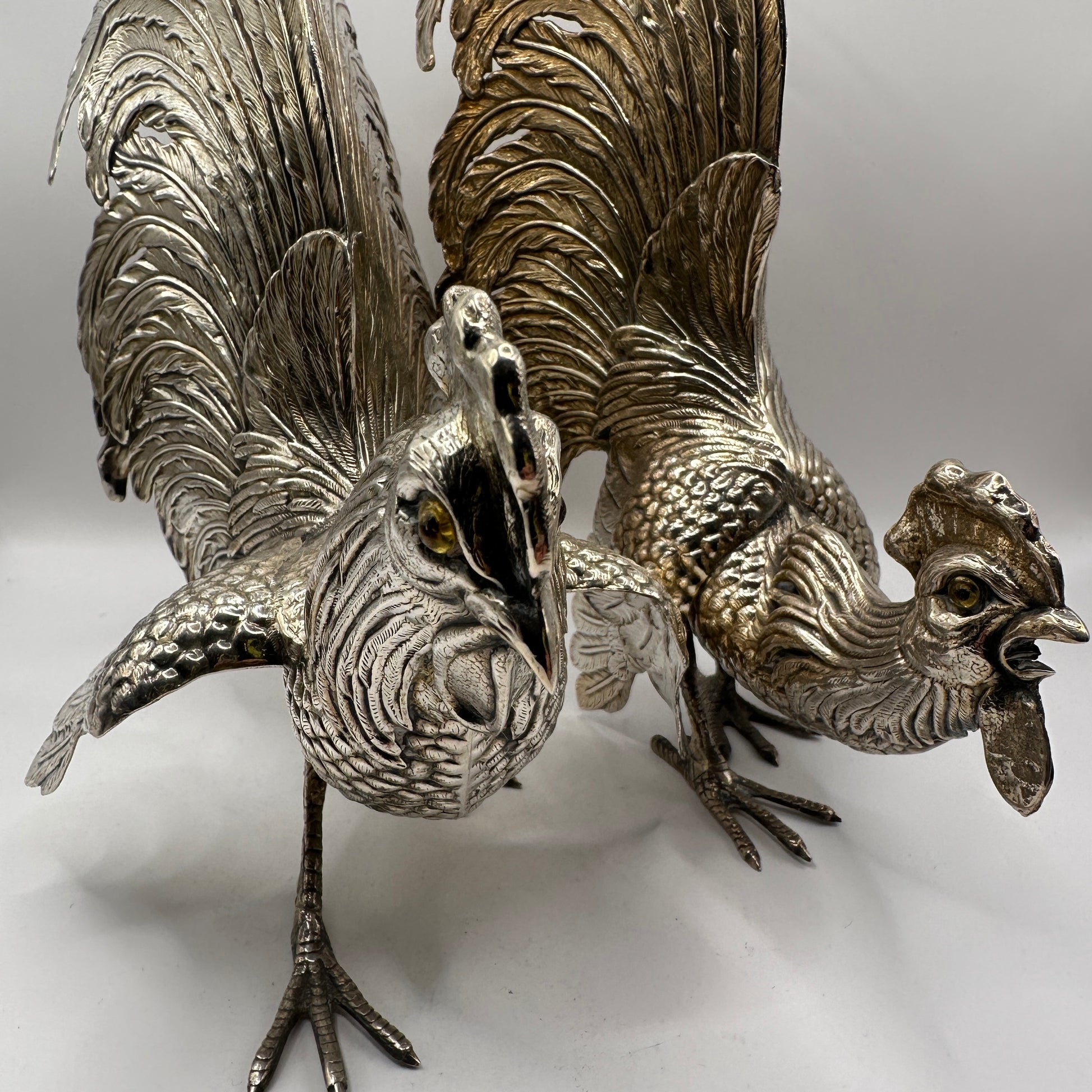 Vintage Silberfigur Set von 2 Hahn und Henne, fein graviert, massiv, dekorativ, Sammlerobjekt