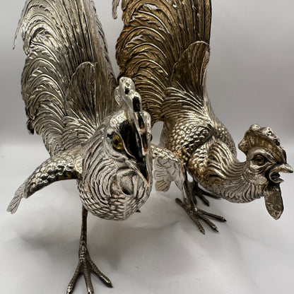 Vintage Silberfigur Set von 2 Hahn und Henne, fein graviert, massiv, dekorativ, Sammlerobjekt