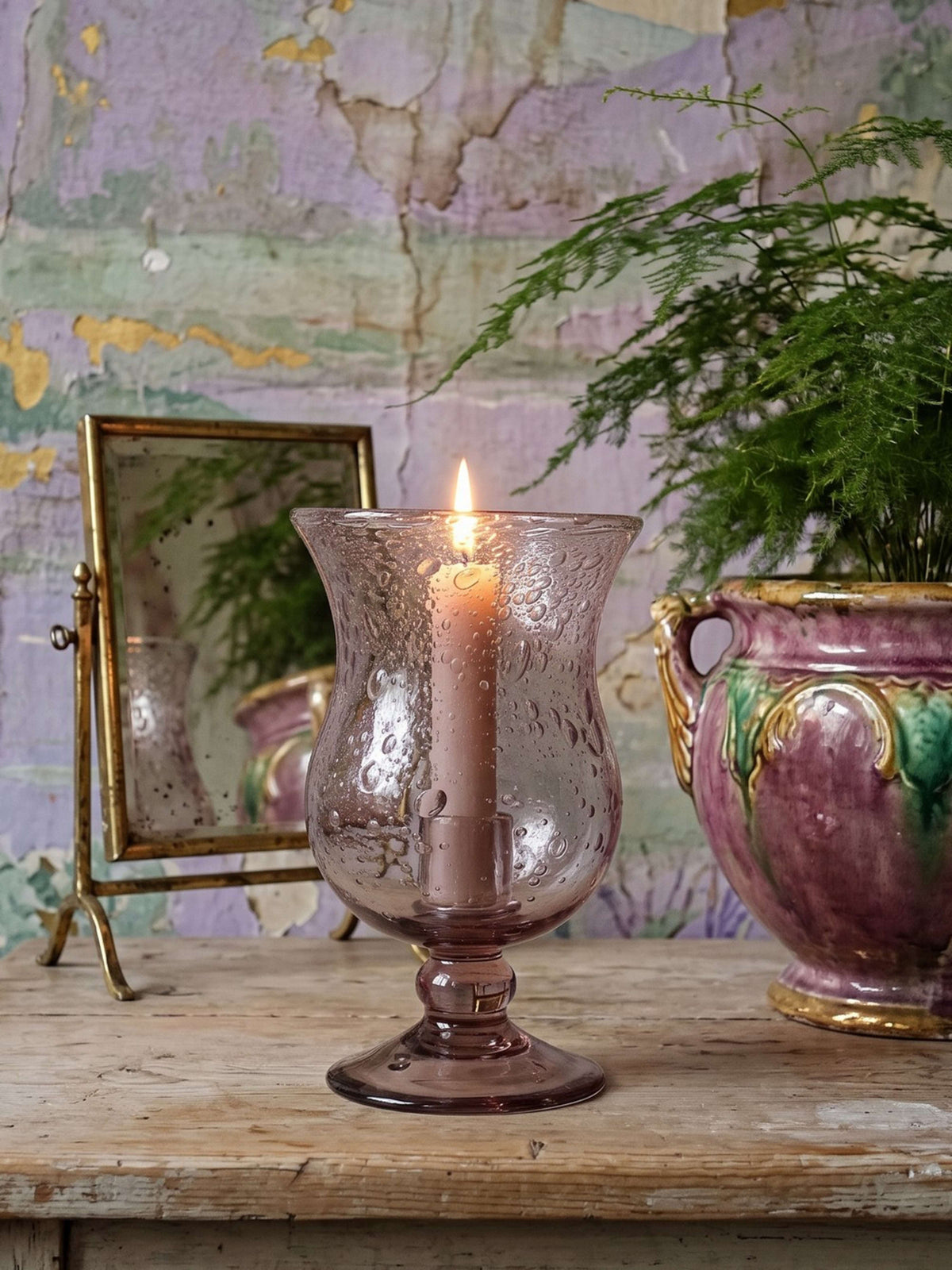 Vintage Windlicht Amethyst Bullenglas, Space Age Stil