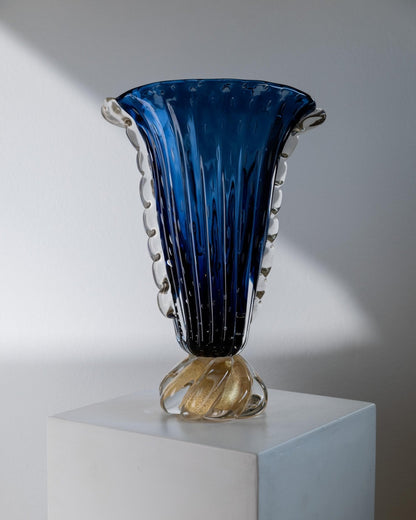 Vintage Murano Glasvase von Barovier, Royalblau mit Gold