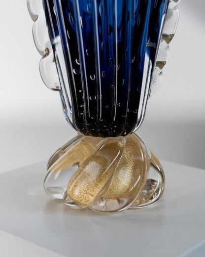 Vintage Murano Glasvase von Barovier, Royalblau mit Gold