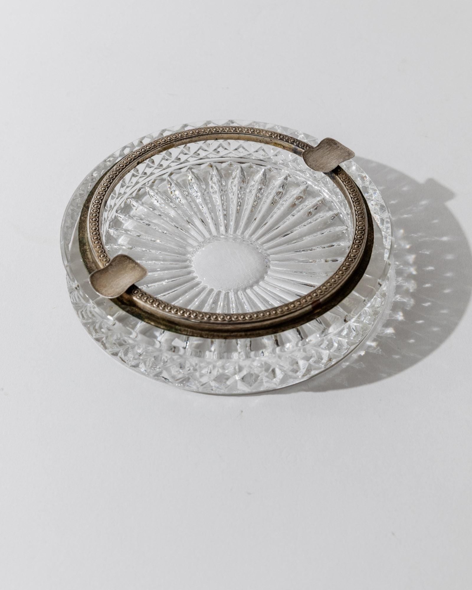 Vintage Aschenbecher Kristallglas rund mit versilbertem Rand