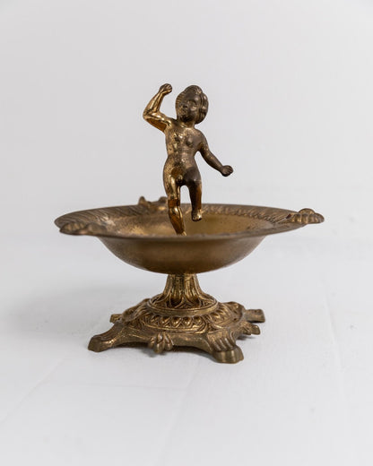 Vintage Messing Aschenbecher mit Knabenfigur auf Sockel, skulpturales Design, 1940er
