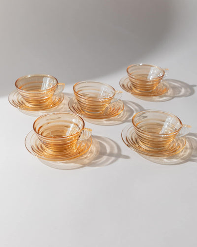Vintage Kaffeetasse Gondolo-Design Set von 5 aus apricotfarbenem Glas mit Unterteller