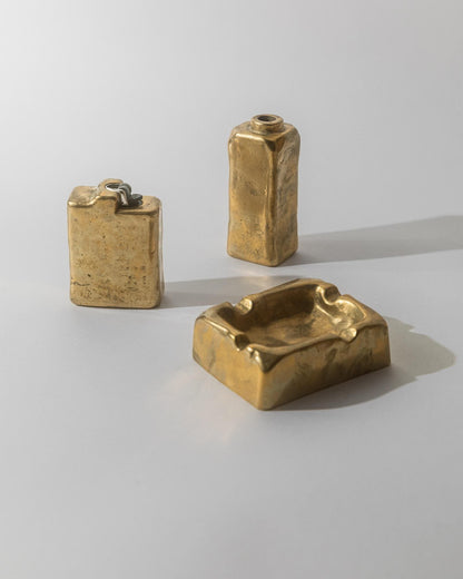 Vintage Schreibtischset Brutalist Bronze Aschenbecher Feuerzeug Stifthalter oder Vase