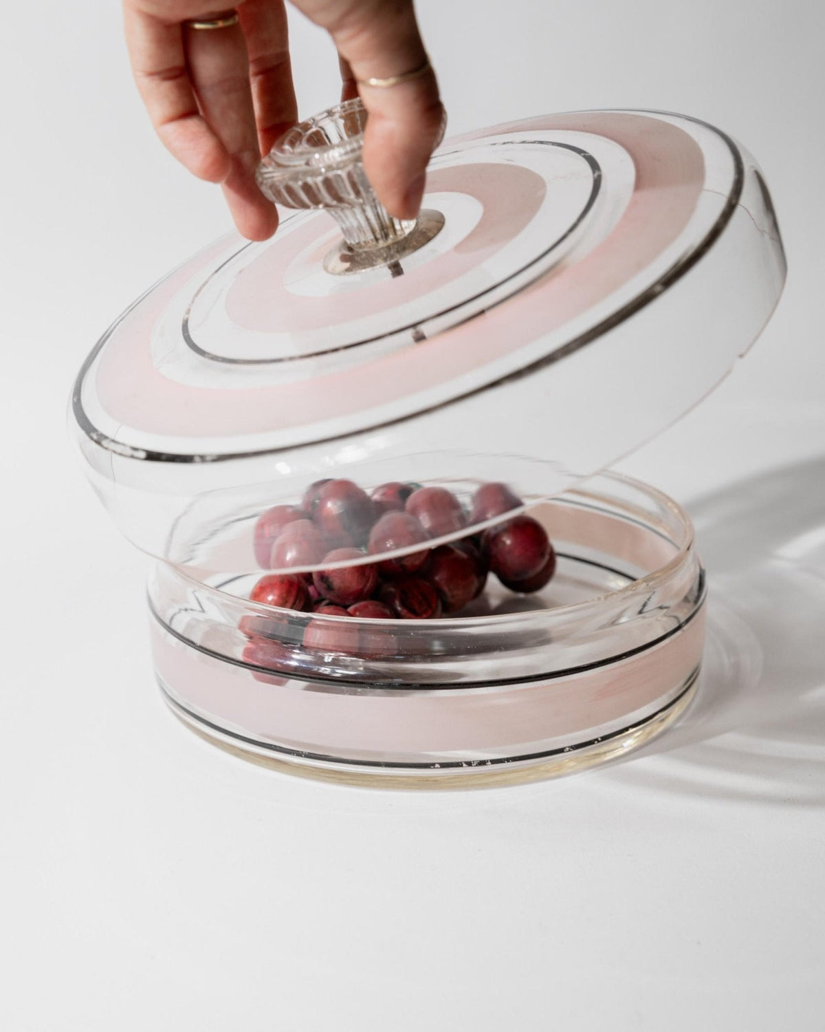 Vintage Bonboniere aus Glas mit rosa-schwarzen Streifen, Italien