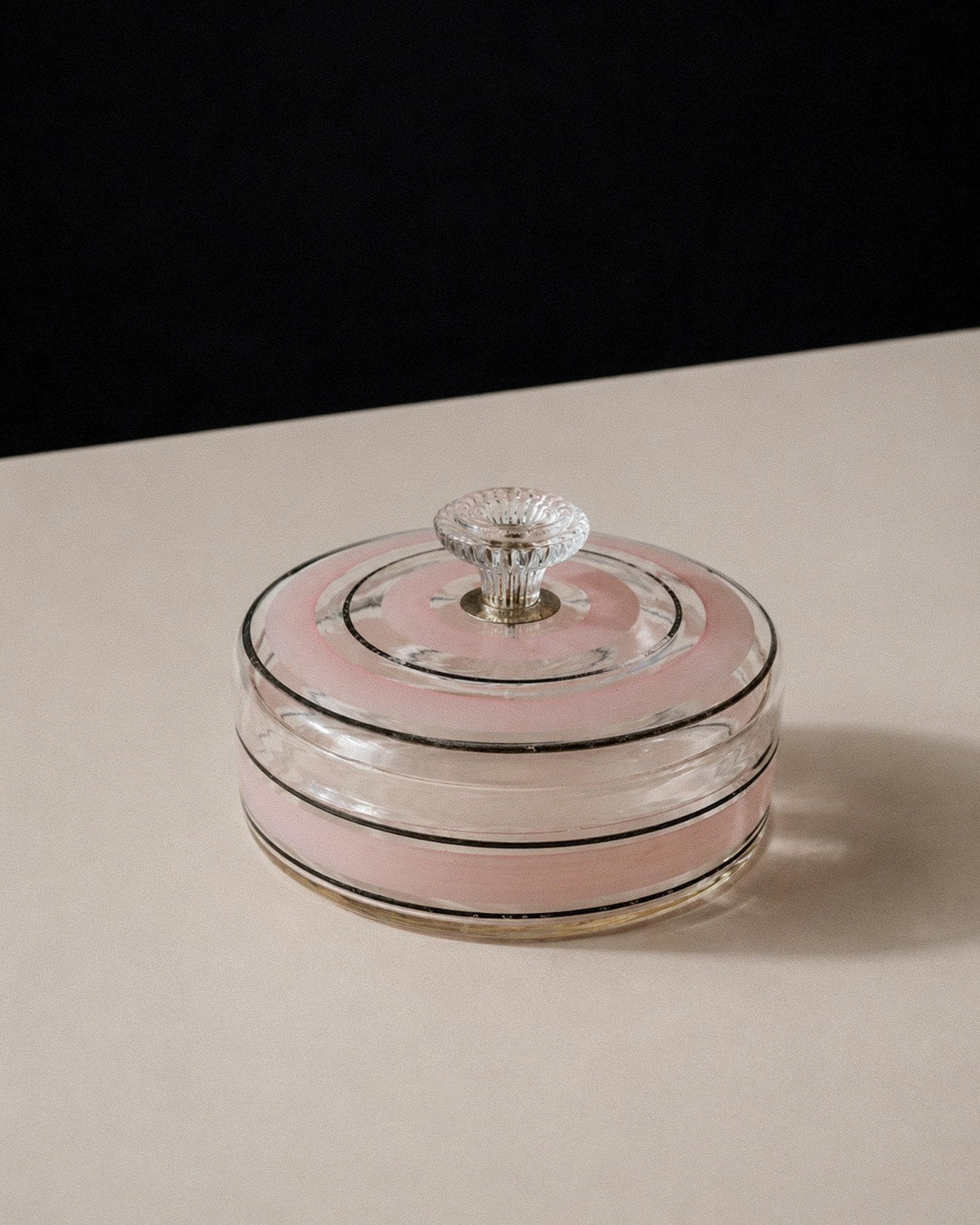 Vintage Bonboniere aus Glas mit rosa-schwarzen Streifen, Italien