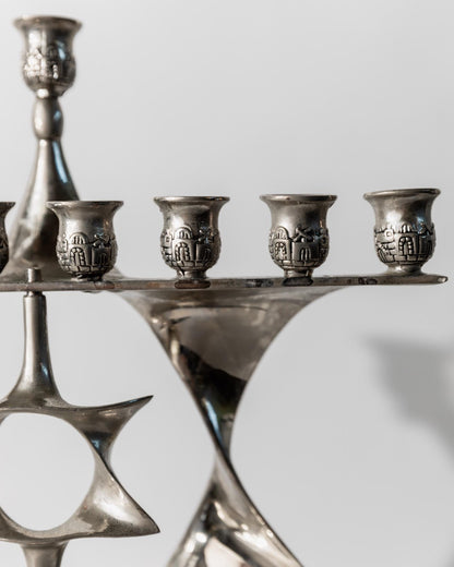 Vintage Menorah mit drehbarem Davidstern, versilbert, Judaica Dekor, 1960er Jahre