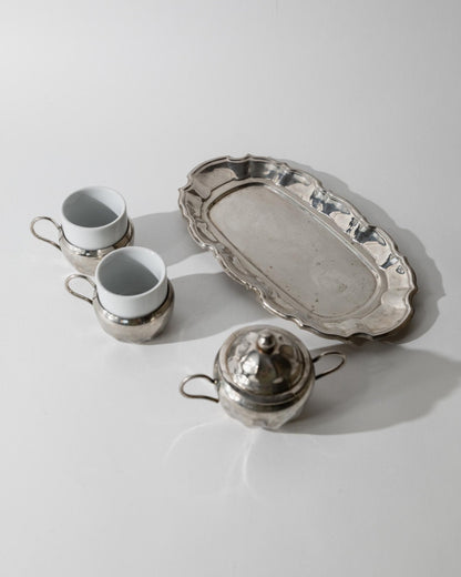 Vintage versilbertes Kaffeeset mit zwei Espressotassen, Zuckerdose und Tablett, 1960er