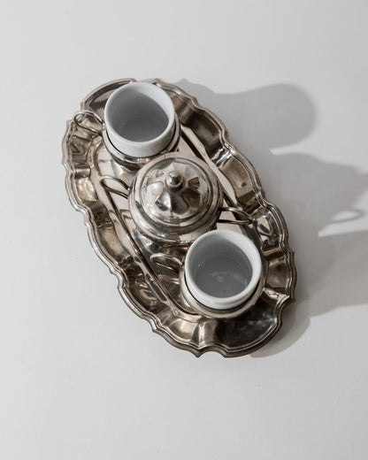 Vintage versilbertes Kaffeeset mit zwei Espressotassen, Zuckerdose und Tablett, 1960er
