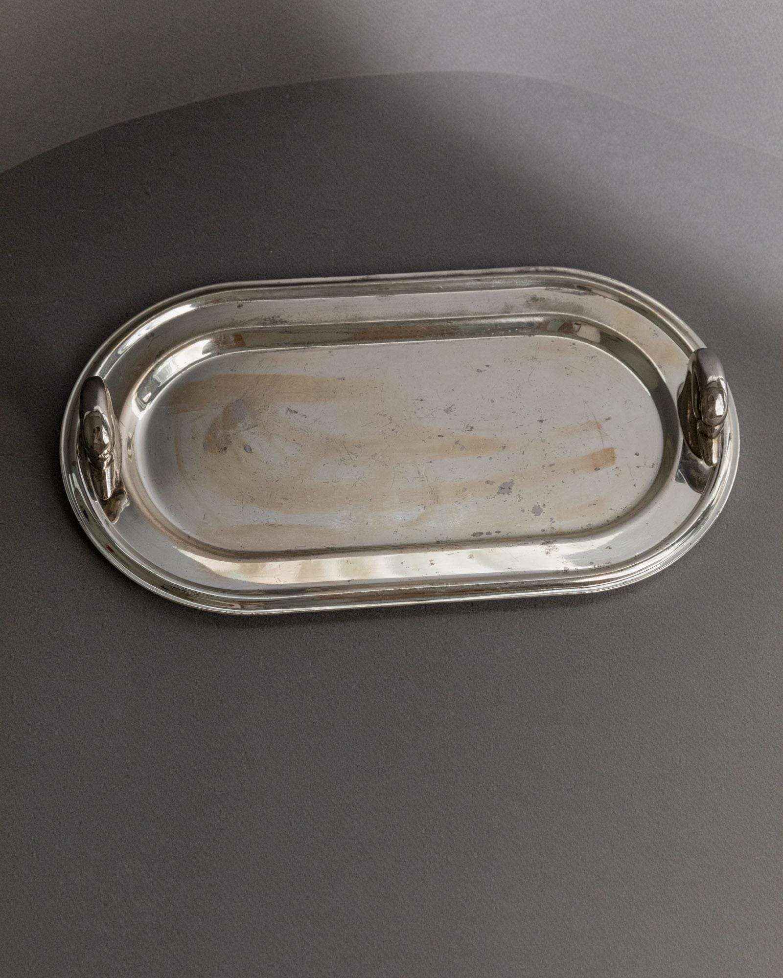 Vintage Tablett Oval mit Schwanenkopf-Griffen aus Frankreich, elegantes Geschenk